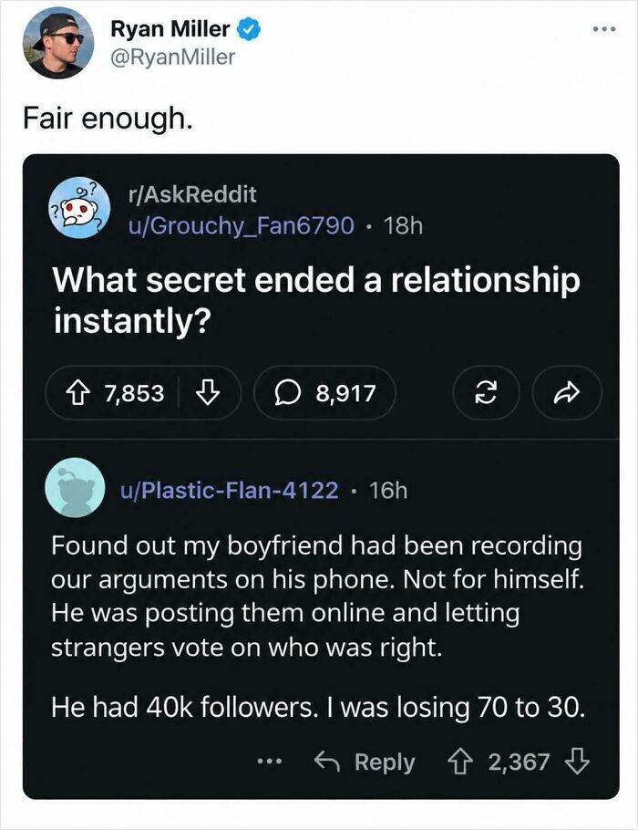 Entertaining and silly post showing a Reddit thread about a relationship ending secret.