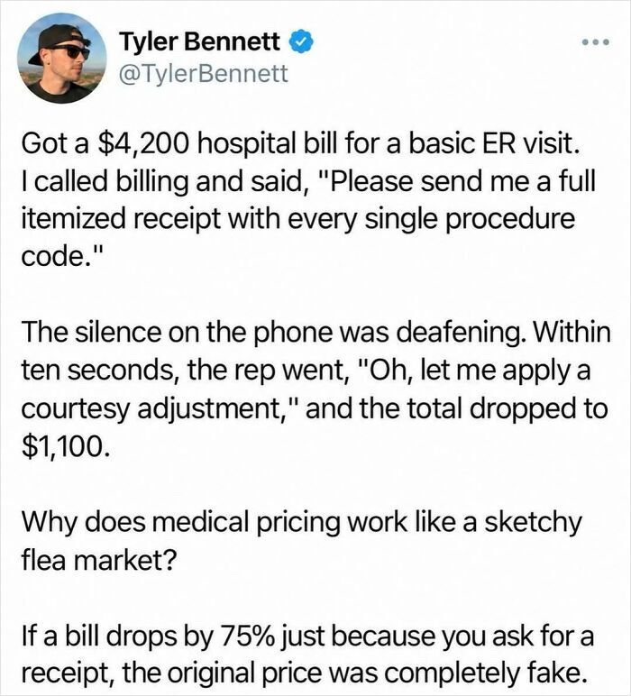 An entertaining post sharing a tweet about an itemized hospital bill reducing in price.