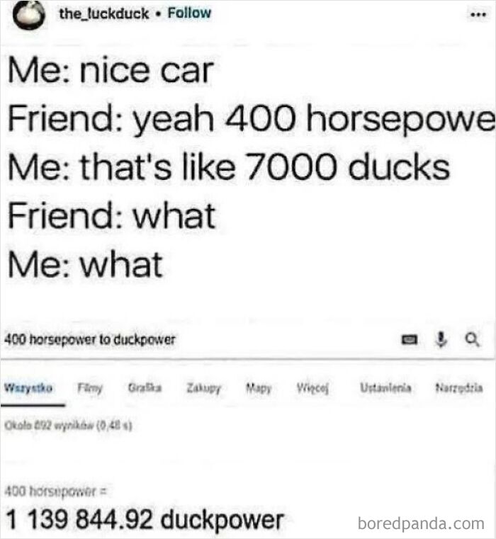 Funny post about a social media joke converting horsepower to duckpower, showing how Americans will use anything but metric system