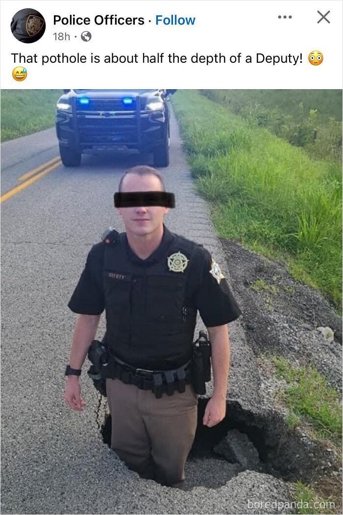 A police officer standing inside a deep road pothole, illustrating funny posts about non-metric system measurements.