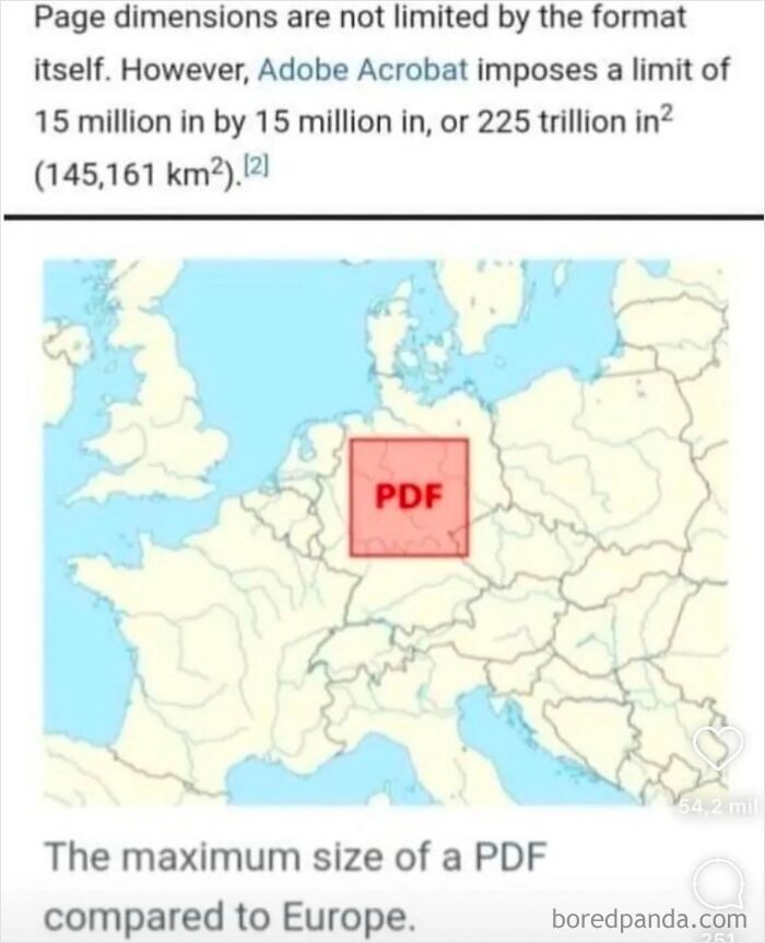 Funny post showing Americans avoiding the metric system by comparing PDF size to Europe on a map.