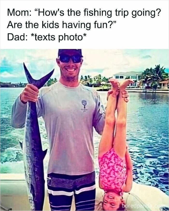 A man holding a fish in one hand and a child upside down in the other, referencing funny posts on measurements.