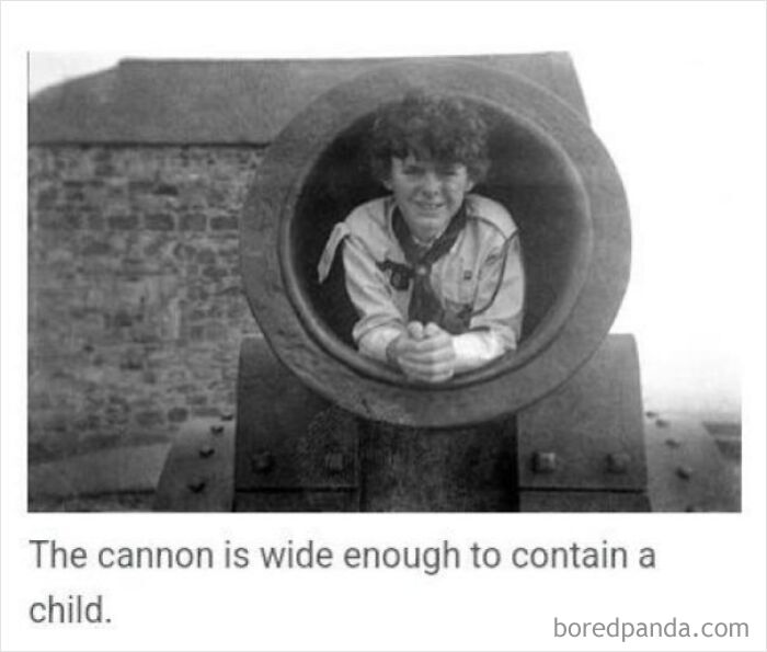 A vintage photo showing a child inside a cannon, demonstrating funny non-metric system measurements.