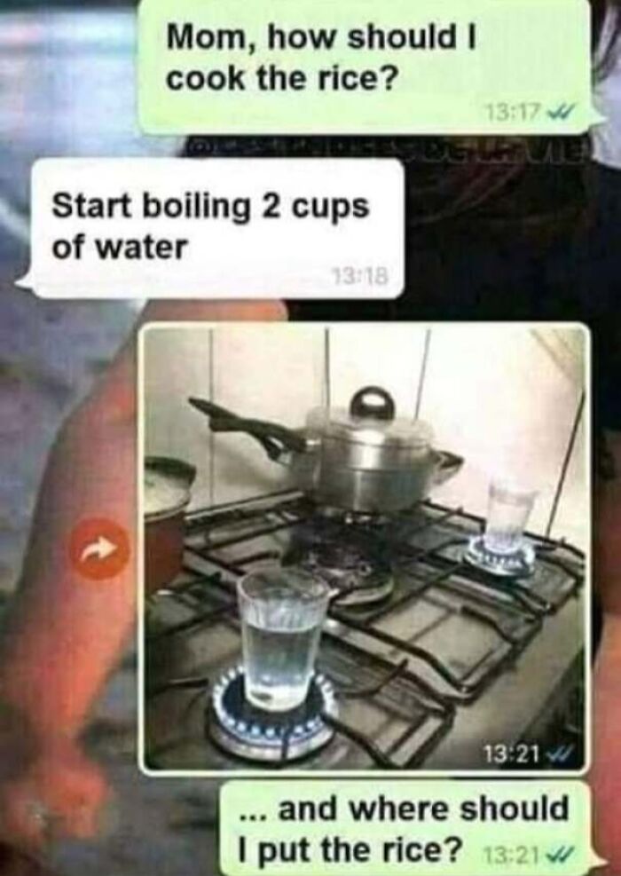 Funny text message showing a person placing two glass cups directly on a gas stove after being told to boil 2 cups of water.