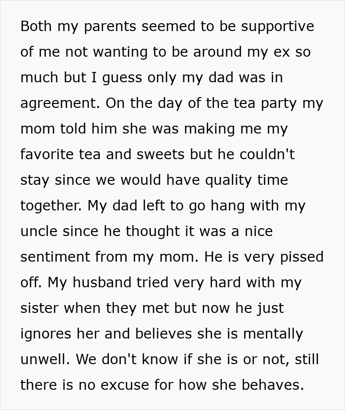 Text snippet about family dinner drama where a guy keeps pursuing ex with her sister assisting.
