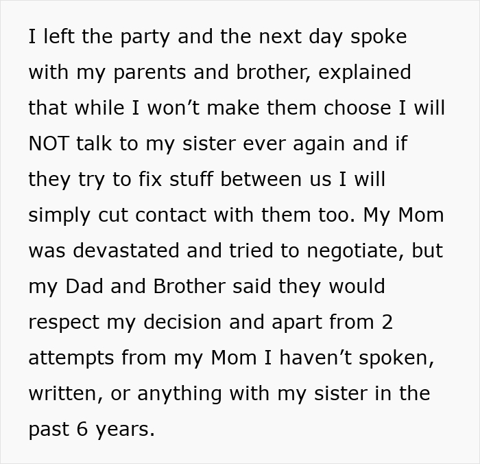 Text about cutting contact with sister after family conflict
