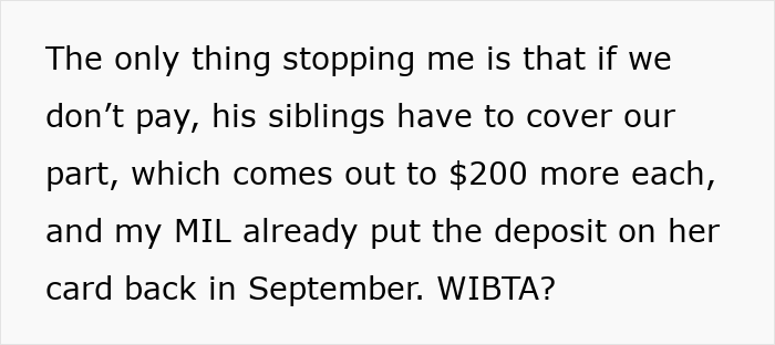 Screenshot of text discussing MIL charges child-free couple for a shared room on vacation. Screenshot of text discussing MIL charges child-free couple for a shared room on vacation.