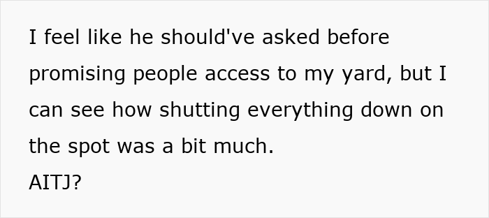 Text asking AITJ after shutting down a paid tour when a neighbor advertises property access without permission.