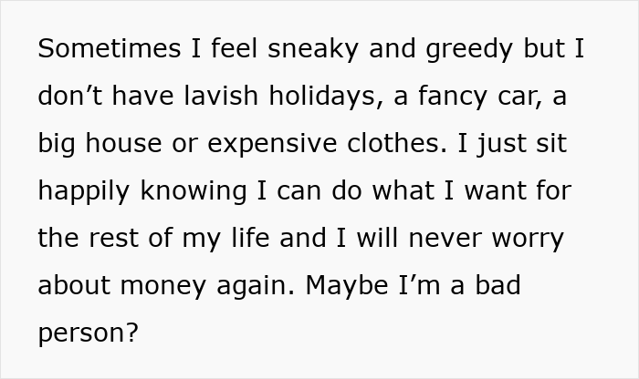 Text post where a woman reflects on keeping her life-changing inheritance secret from her family. Text post where a woman reflects on keeping her life-changing inheritance secret from her family.