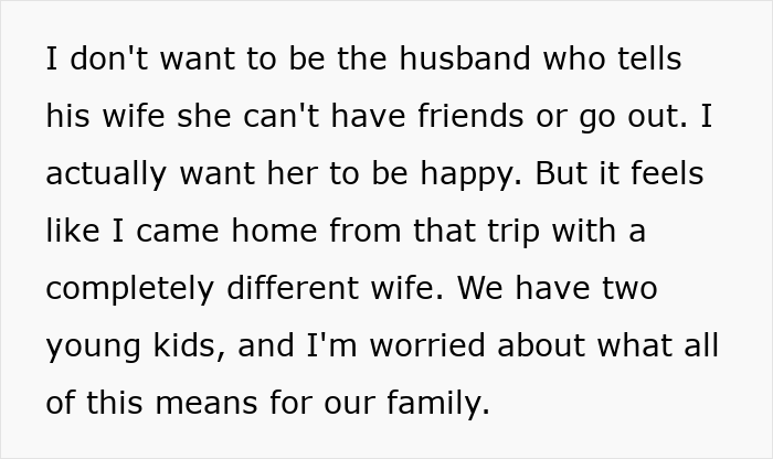 Text block describing a husband who senses something is off after his wife returns home.