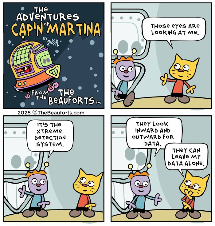 Funny space comics showing cartoon characters discussing the spaceship's detection system in four panels Funny space comics showing cartoon characters discussing the spaceship's detection system in four panels