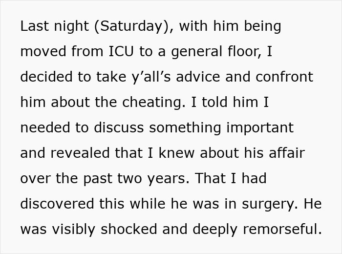A text story update describing a confrontation over infidelity after a boyfriend gets heart surgery.
