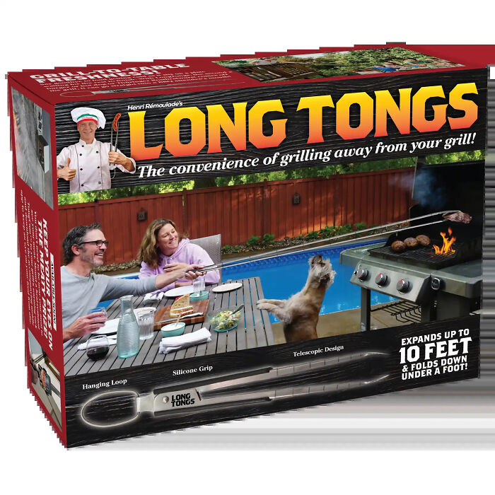 Front view of a funny gift box for fake Long Tongs extendable BBQ tool Front view of a funny gift box for fake Long Tongs extendable BBQ tool