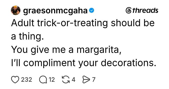 Funny social media post for spooky season suggesting adult trick-or-treating with margaritas.