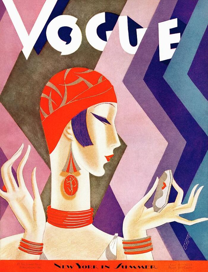Art Deco vintage Vogue cover featuring an elegant fashion illustration of a woman holding a mirror in a red headscarf.