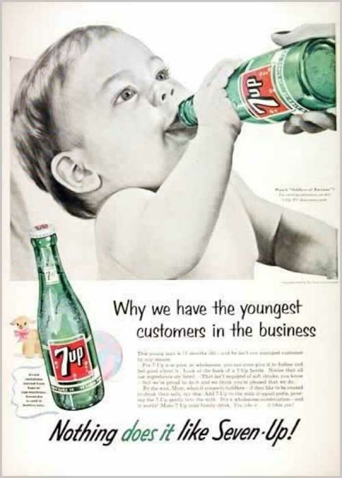 Vintage 7up ad featuring a baby drinking from a 7up bottle highlighting youngest customers
