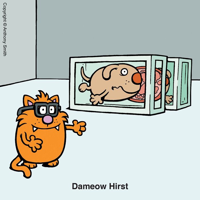 Funny cat comics illustration showing an artist cat presenting a dog split inside glass cases.