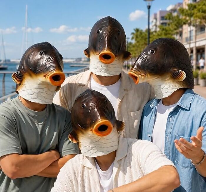 Four people wearing matching fish masks as a hilarious group low-effort Halloween costume.