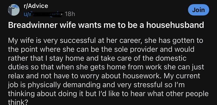 Advice post about a wife wanting husband to be a househusband