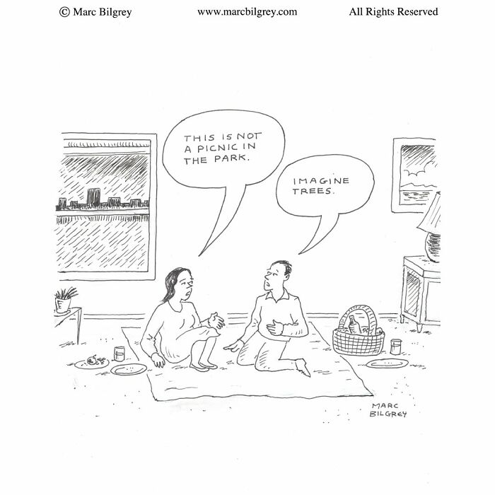 A Marc Bilgrey cartoon showing a couple having an indoor picnic on their living room floor.