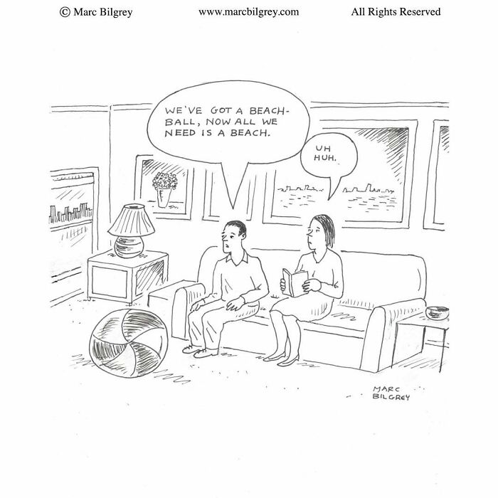 A Marc Bilgrey cartoon of a couple sitting on a couch with a beach ball in their living room.