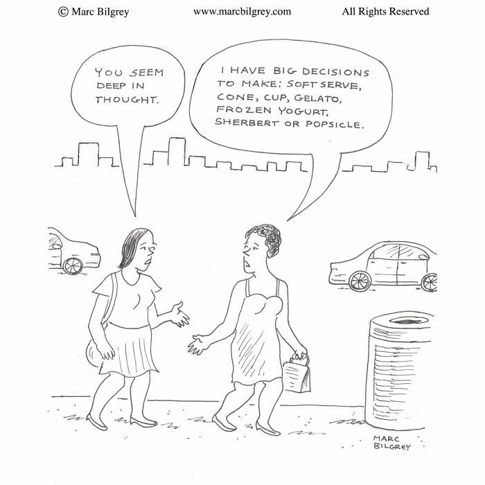Marc Bilgrey cartoon of two women walking outside discussing choices for cold desserts.