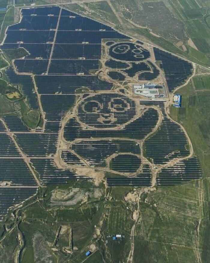 Aerial view of a massive solar farm shaped like a panda, a cool and entertaining project design