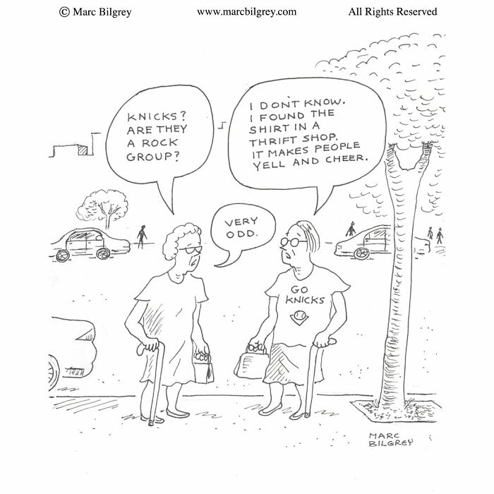 A Marc Bilgrey cartoon of two elderly women discussing a sports t-shirt on a city sidewalk.