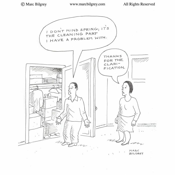 A Marc Bilgrey cartoon of a man complaining about spring cleaning while standing in front of a messy closet.