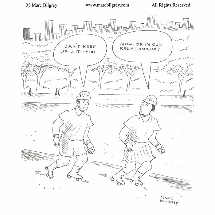 A Marc Bilgrey cartoon showing two roller skaters discussing their relationship in a city park.