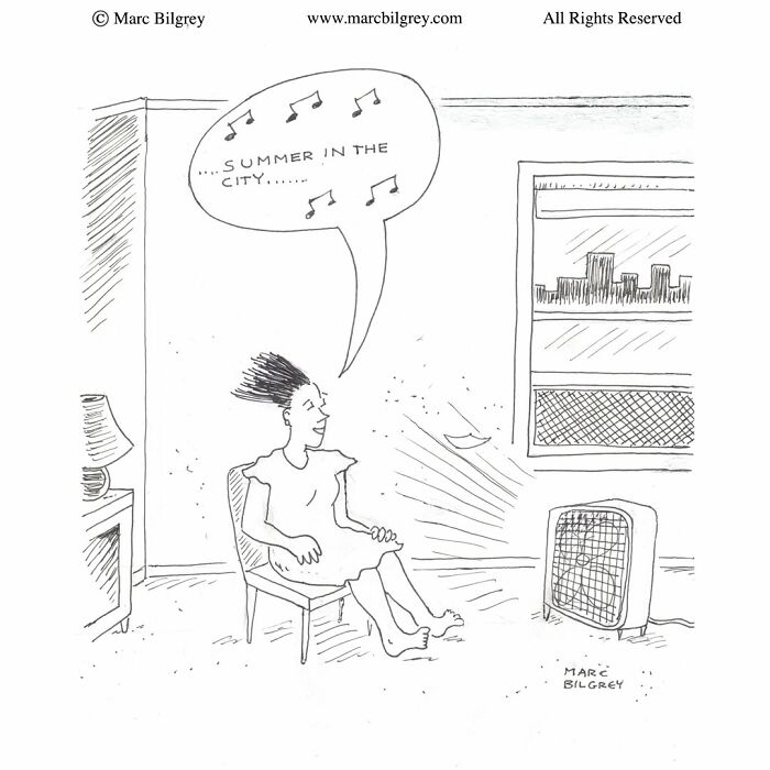 Marc Bilgrey cartoon of a woman sitting in front of a fan singing Summer in the City.