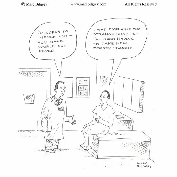 Marc Bilgrey cartoon depicting a doctor diagnosing World Cup Fever in a patient.