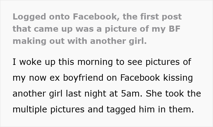 Text explaining a woman finding out her boyfriend was kissing another girl on Facebook. Text explaining a woman finding out her boyfriend was kissing another girl on Facebook.