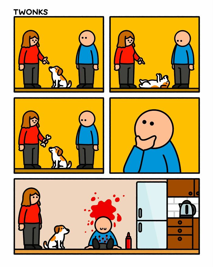 Funny comics of a dog playing d**d with red ketchup on a man's head.