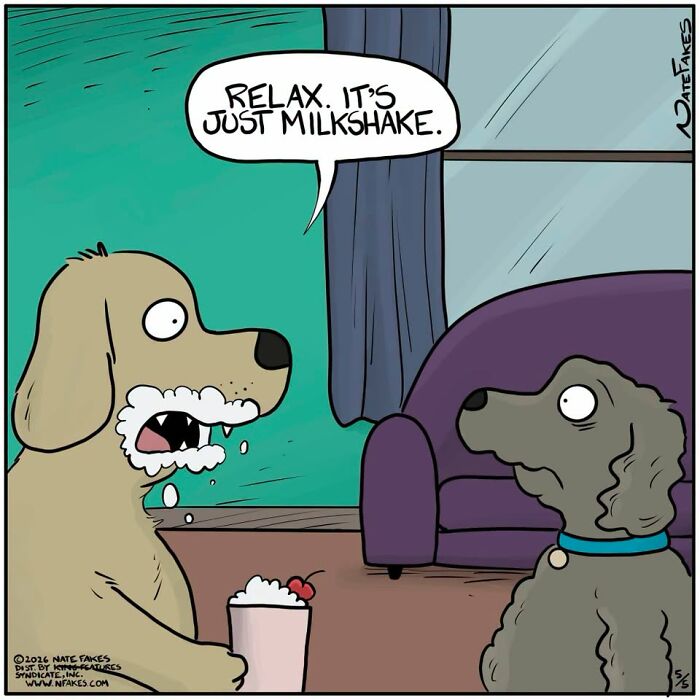 Dog drinking milkshake with foam around mouth in Nate Fakes funny comic about talking dogs