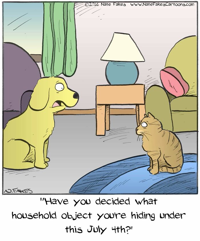 Dog and cat discussing hiding household object on July 4th in Nate Fakes comic