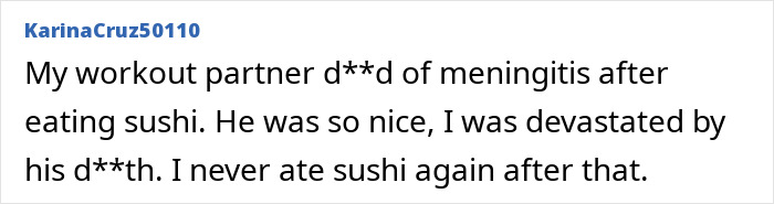 A user comment sharing a story about illness after eating sushi.