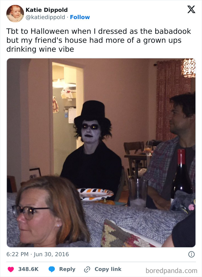 Person in a Babadook costume at a casual gathering, featured in funny Halloween posts