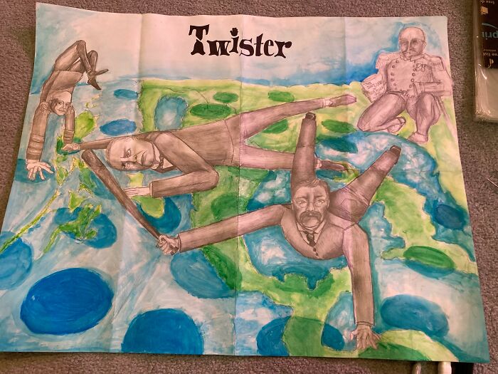 Found paper drawing featuring political figures playing Twister over a map.