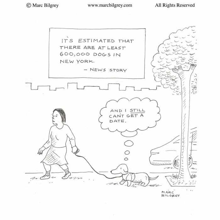 Marc Bilgrey cartoon showing a woman walking her dog in New York with a funny thought.