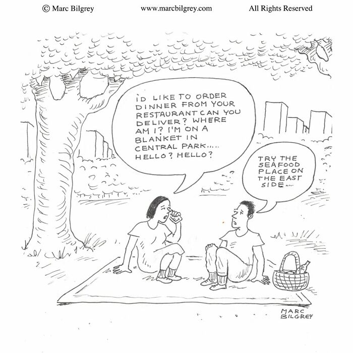 A humorous Marc Bilgrey cartoon depicting a couple having a picnic in Central Park trying to order food delivery.