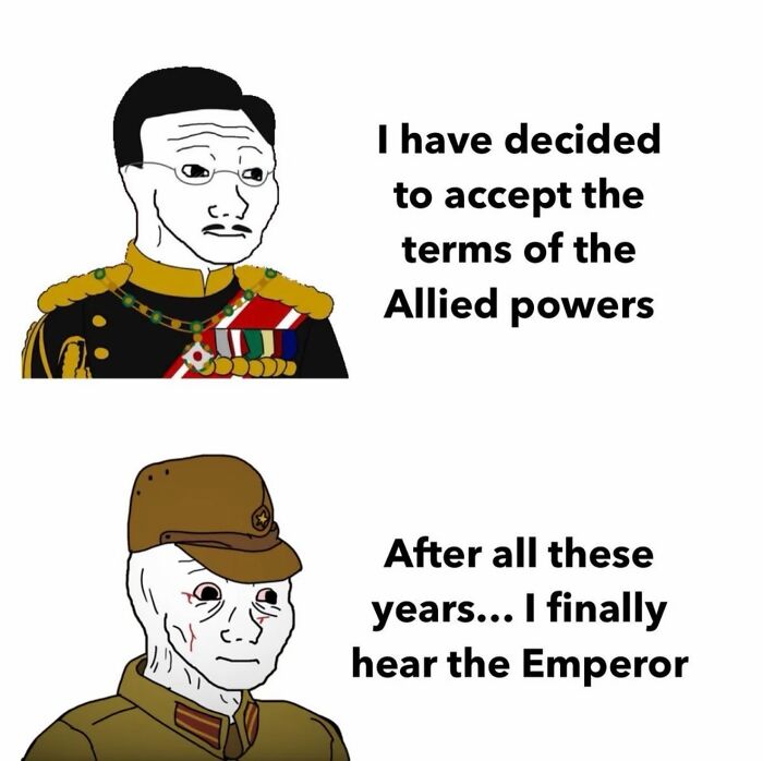 Cartoon characters depicting a general and soldier with dialogue on accepting Allied powers terms, history meme
