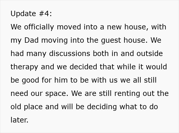 Text update detailing moving into a new house amid ongoing personal and family boundary issues.