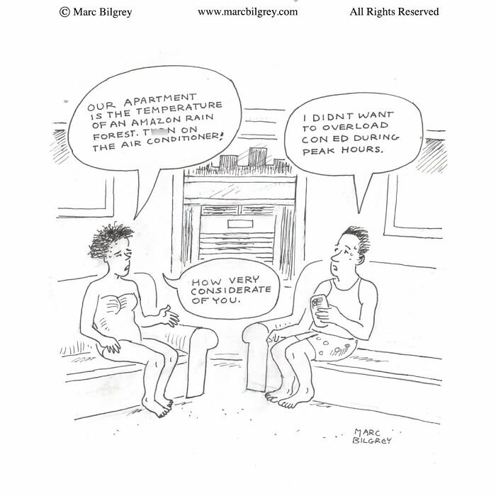 Marc Bilgrey cartoon showing a couple debating over the air conditioner in a very hot apartment.