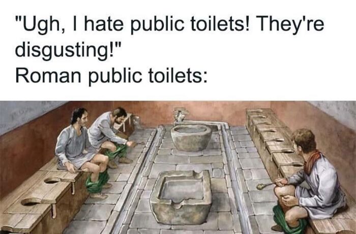 Illustration of Roman public toilets with people sitting side by side, humorous history meme