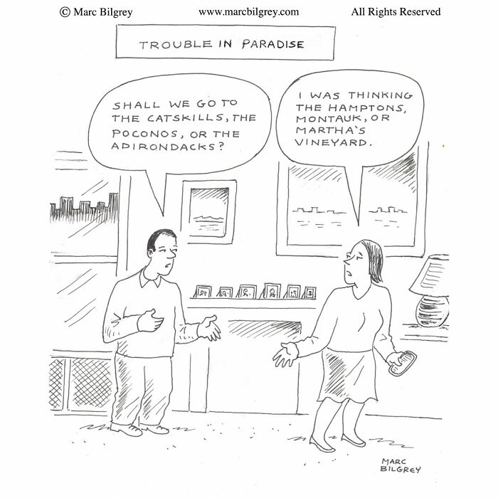 A Marc Bilgrey cartoon titled Trouble In Paradise about a couple debating holiday destinations.