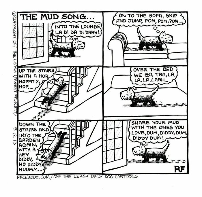 Off The Leash dog cartoon about a muddy dog running through the house singing The Mud Song.