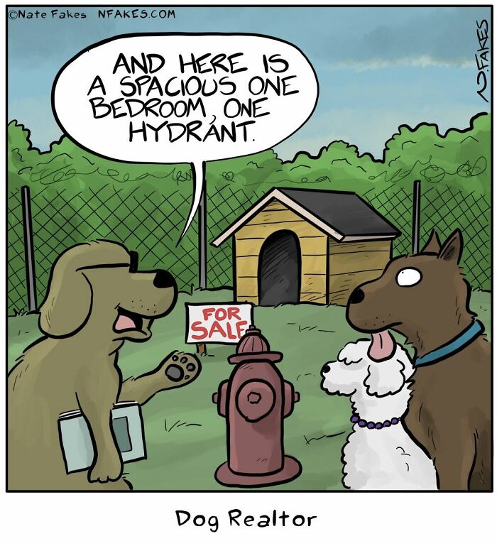 Dog realtor showing a doghouse with a fire hydrant for sale comic