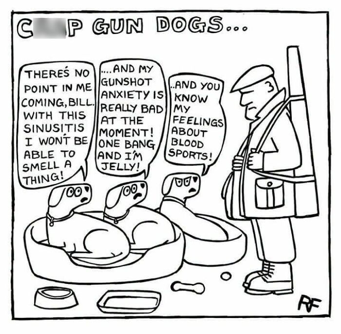 Funny dog cartoon of three hunting dogs sitting in beds giving excuses to their owner.