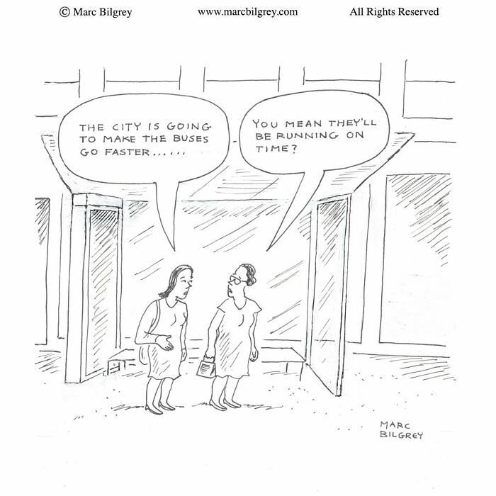 Marc Bilgrey cartoon of two women discussing city buses.